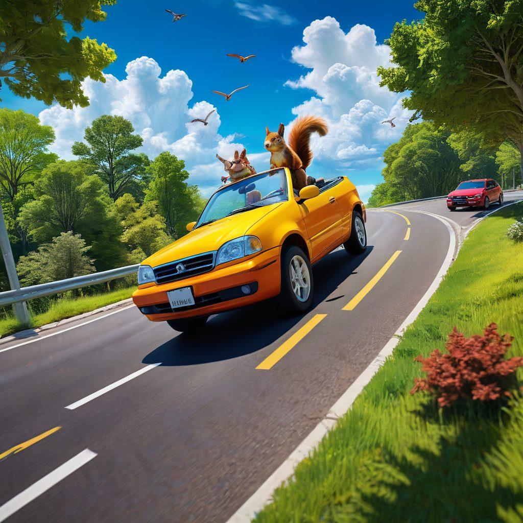 A vibrant scene of a colorful car cruising down a scenic highway under a bright blue sky, with playful elements like musical notes and cartoonish animals enjoying the ride. The driver smiles joyfully, surrounded by lush green trees and playful clouds, encapsulating the spirit of cheerful commuting. super-realistic. vibrant colors. 3D.
