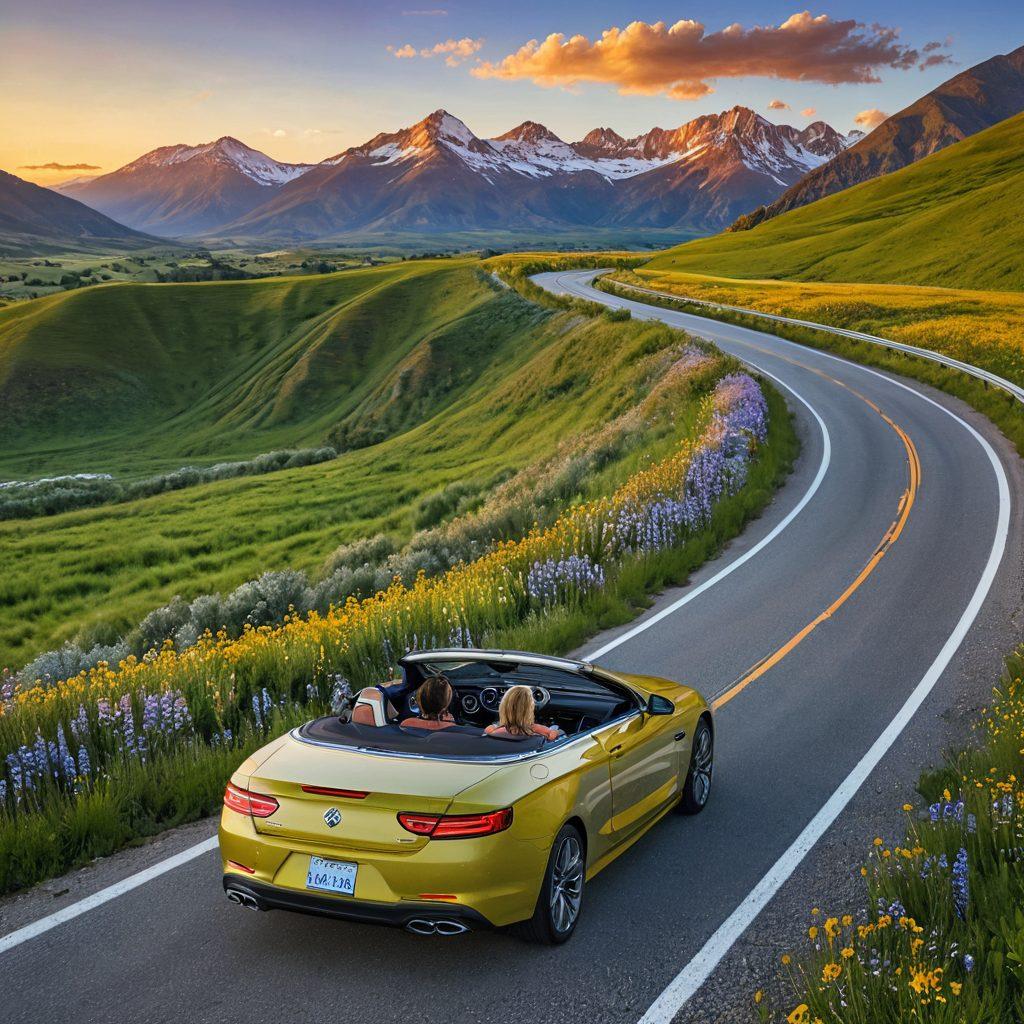 A scenic road winding through breathtaking landscapes, with a joyful traveler in a colorful convertible car, arms raised in exhilaration. The sun setting behind majestic mountains, casting golden light over lush green fields and blooming wildflowers. A clear blue sky with fluffy white clouds adds to the sense of freedom and adventure. The essence of happiness and exploration radiates from the scene. super-realistic. vibrant colors. panoramic view.