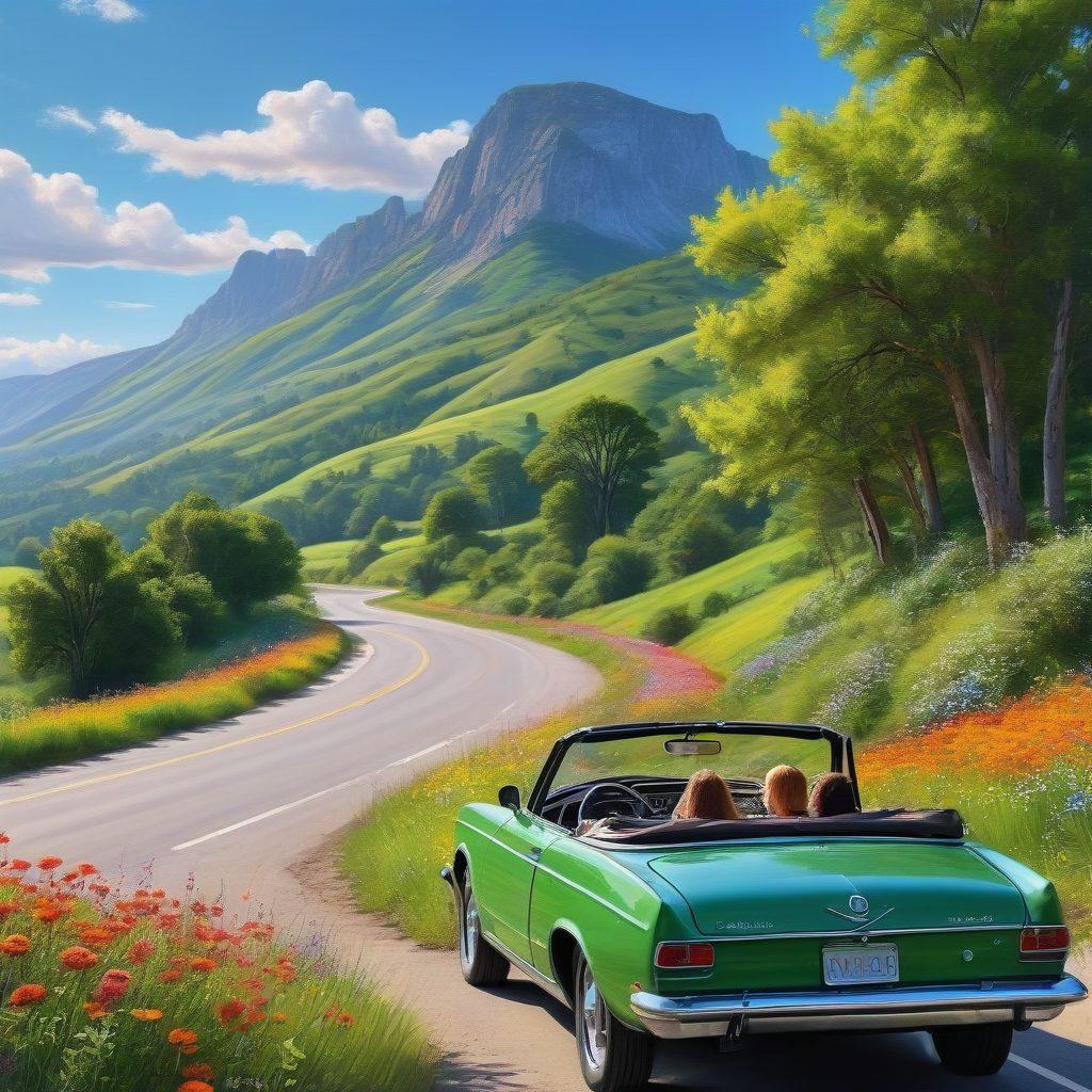 A scenic road winding through lush green hills under a bright blue sky, with a cheerful family of four in a colorful convertible car, laughing and enjoying the ride. Vibrant wildflowers lining the roadside and a playful dog hanging out of the window, embodying the spirit of adventure and happiness. super-realistic. vibrant colors. peaceful landscape.